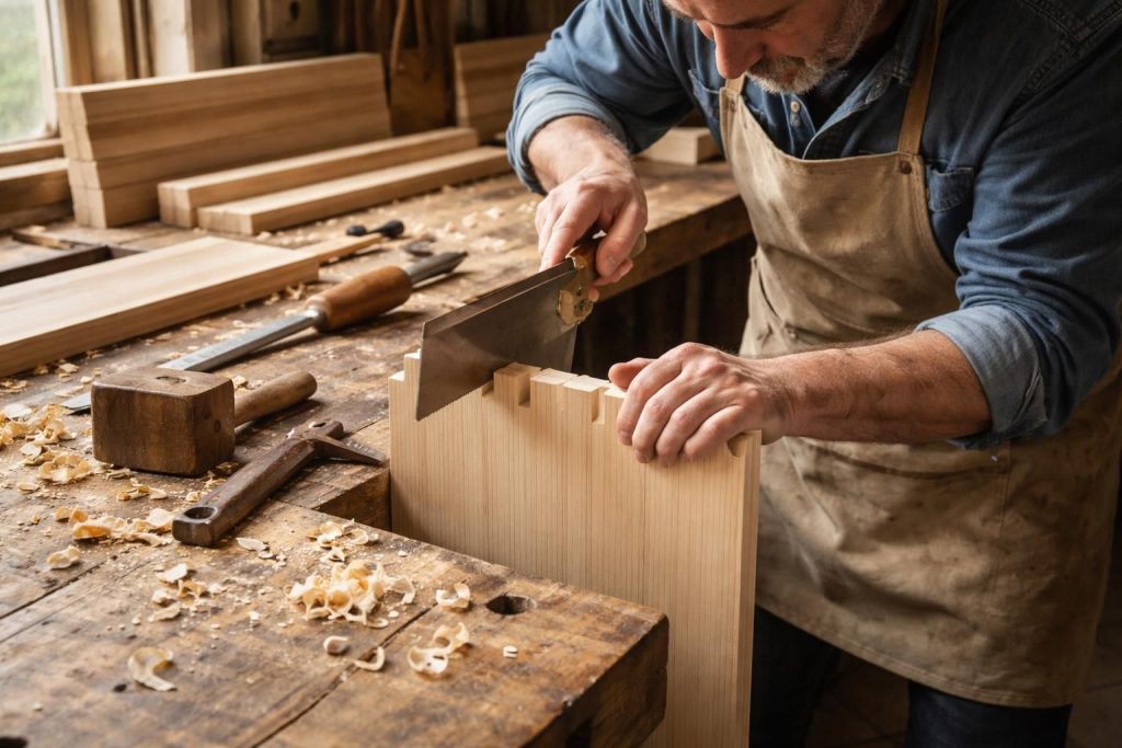 apprenez à réaliser des extrémités à planche rainurée pour un bureau à queues d’aronde en utilisant uniquement des outils manuels, grâce à notre guide étape par étape simple et détaillé.