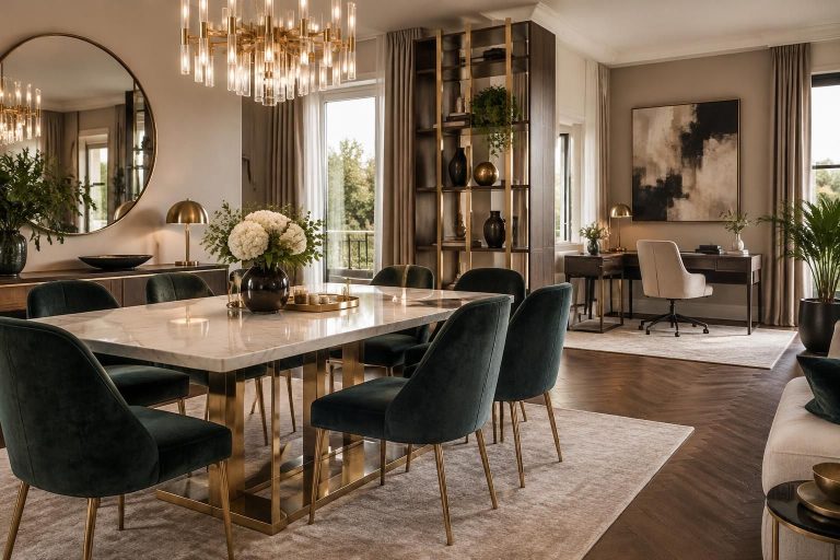 découvrez comment aménager une salle à manger glamour et un bureau à domicile moderne, en associant élégance, confort et fonctionnalité.